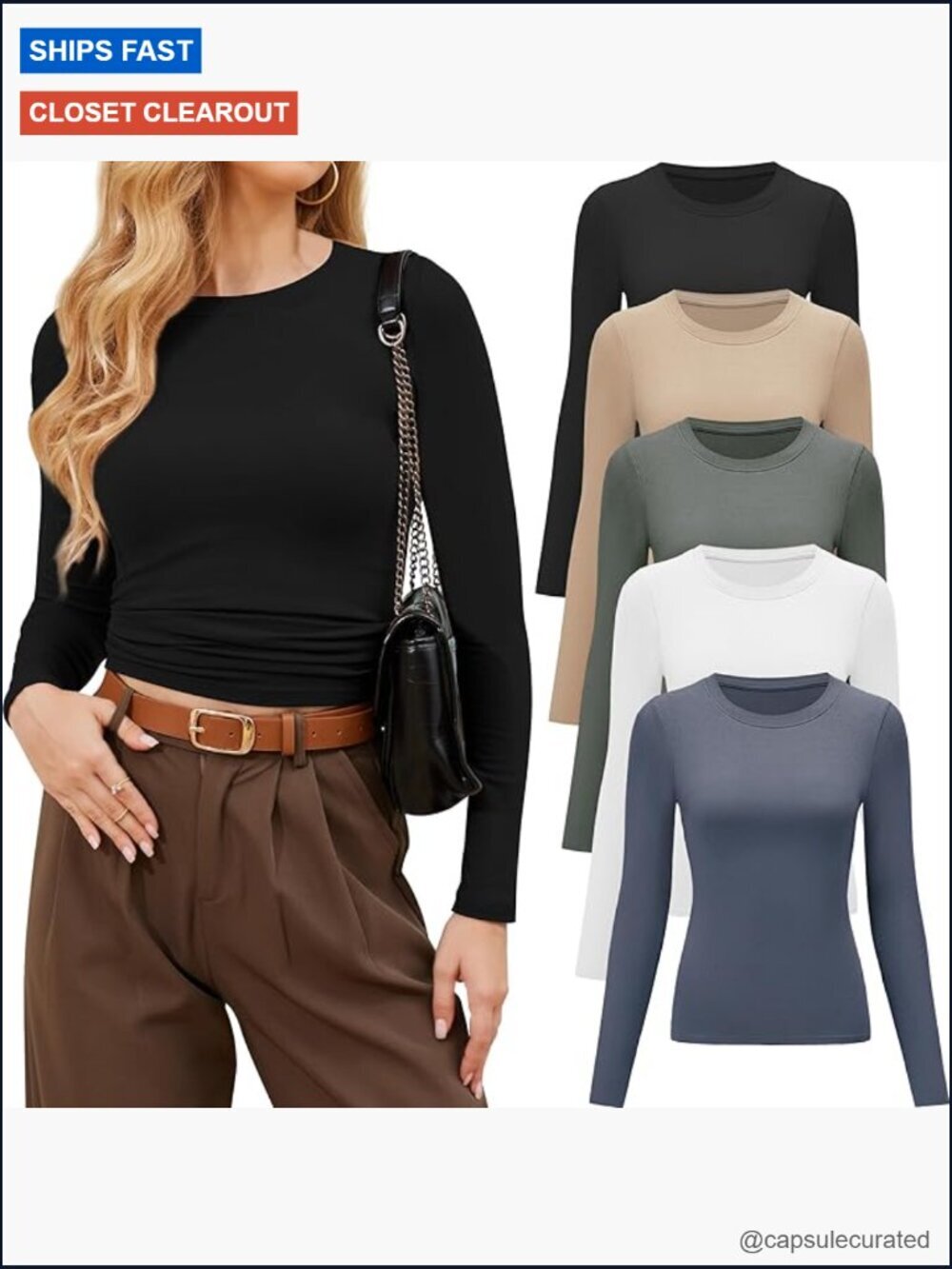 Womens Long Sleeve Tees 5 Pack Crew Neck Fitted Basic Tops Stretchy Casual T